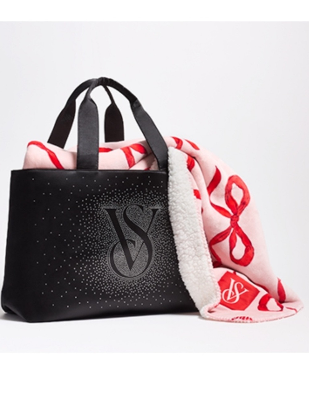 Victoria's Secret Black Tote Bag Fleece Pink Bow Blanket